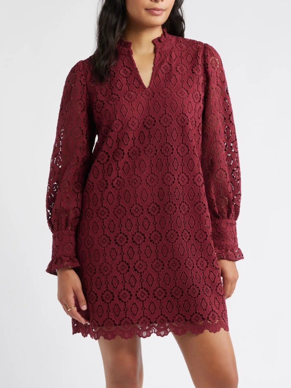 NWT Caslon Women's S Burgundy Lace Ruffle Shift Dress Long Sleeve Split Neck